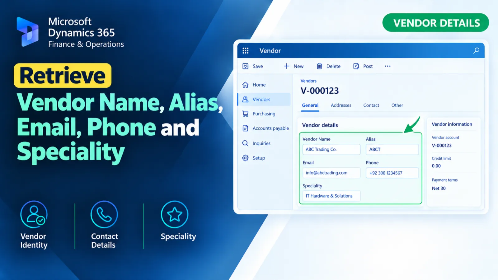 Retrieve Vendor Name, Alias, Email, Phone and Speciality